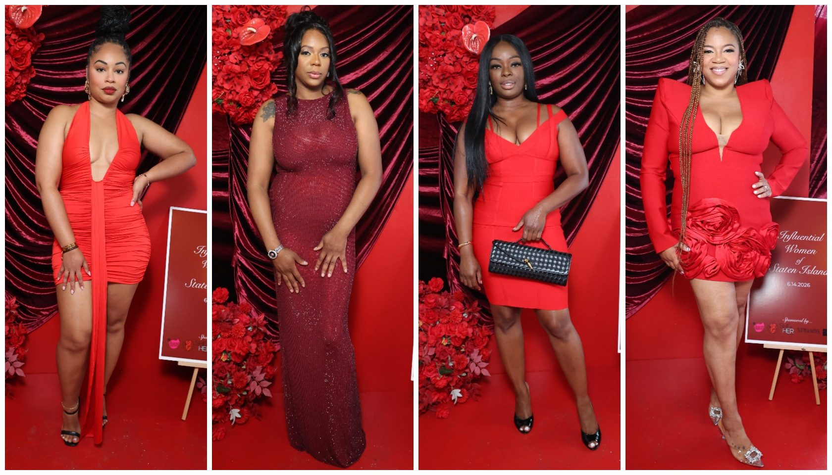 Four women wearing red dresses posing on a red carpet backdrop with floral arrangements.