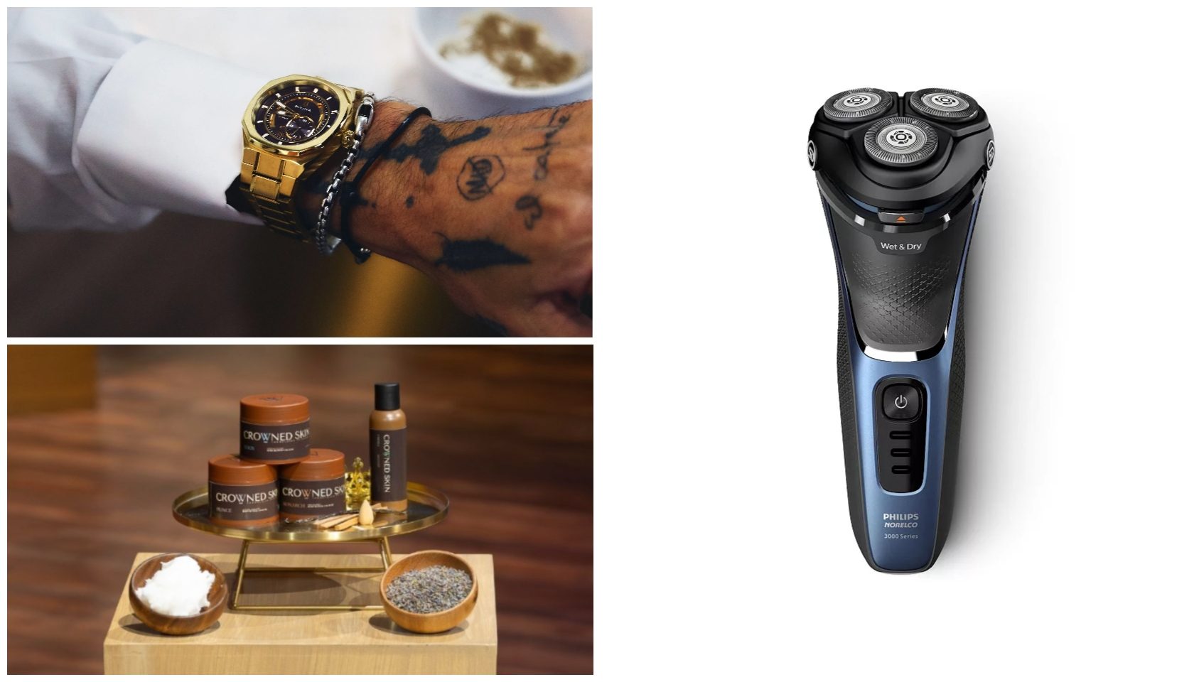 A gold watch on a tattooed wrist, grooming products, and a Philips electric shaver.