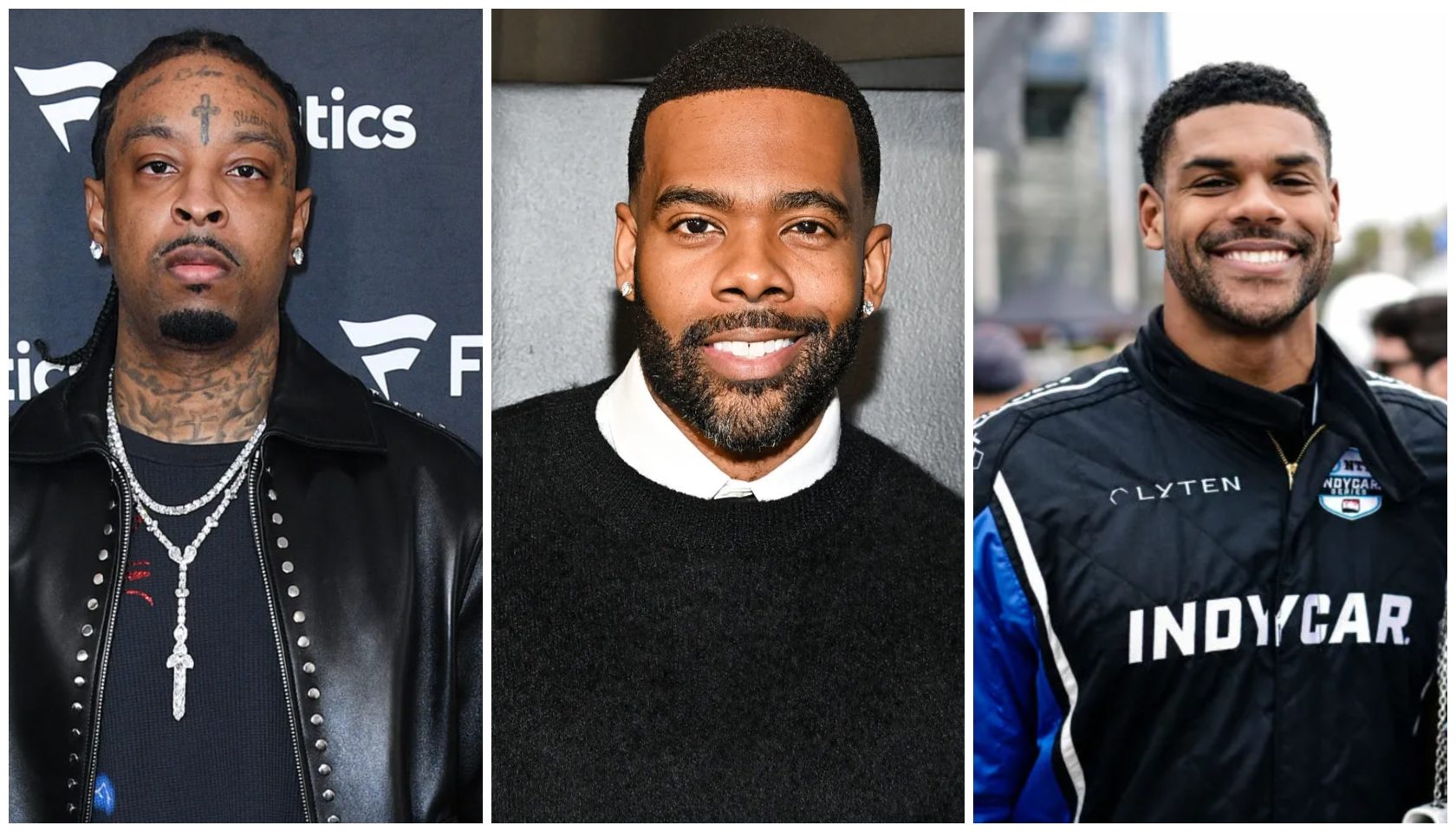 Three headshots of Black men: a man with facial tattoos wearing a black leather jacket, a man with a beard wearing a black sweater, and a man smiling while wearing an Indycar racing uniform.