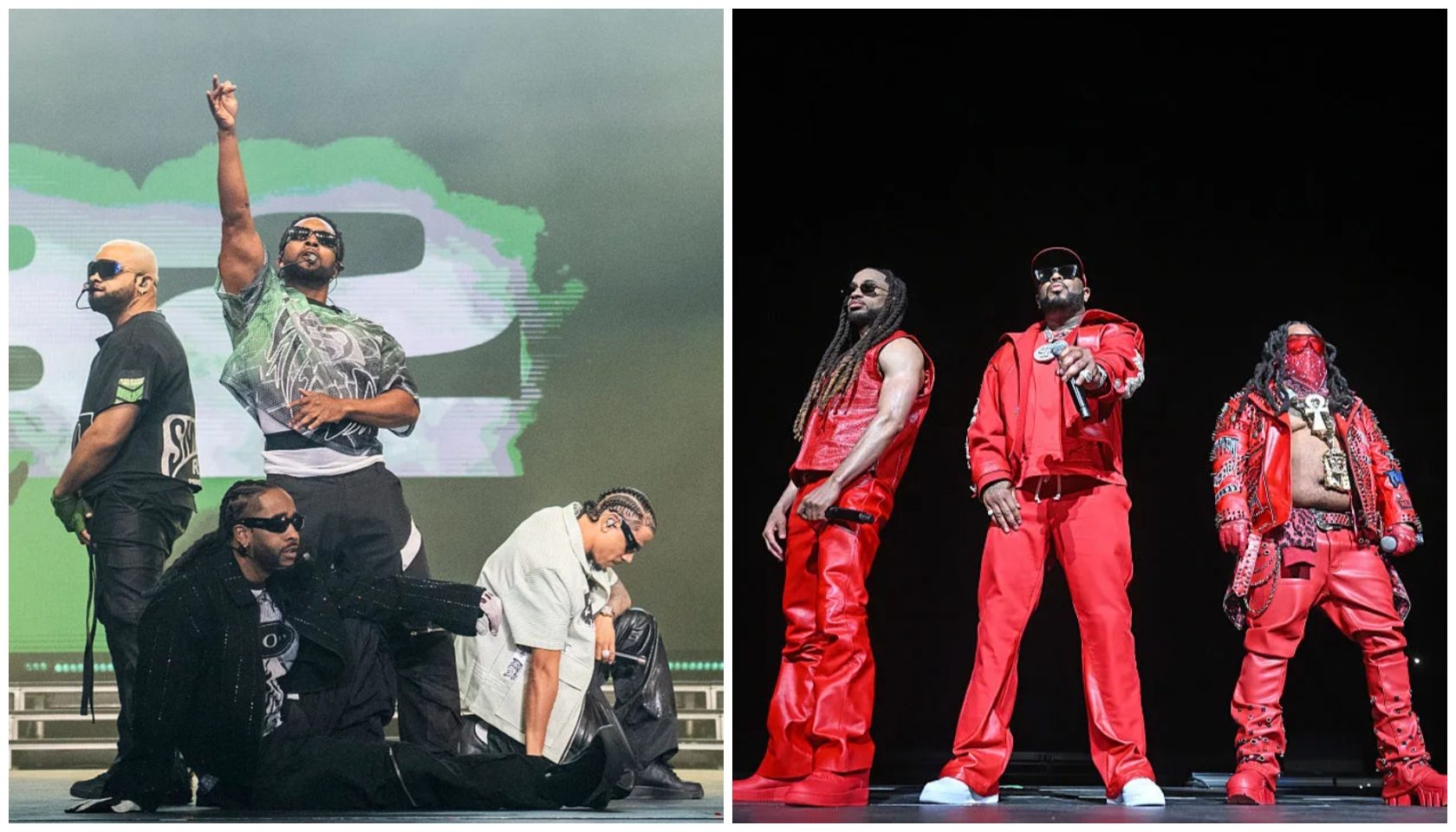 Two images of a hip-hop group performing on stage, wearing colorful, stylized outfits.