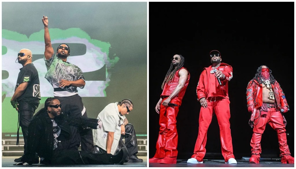 Two images of a hip-hop group performing on stage, wearing colorful, stylized outfits.