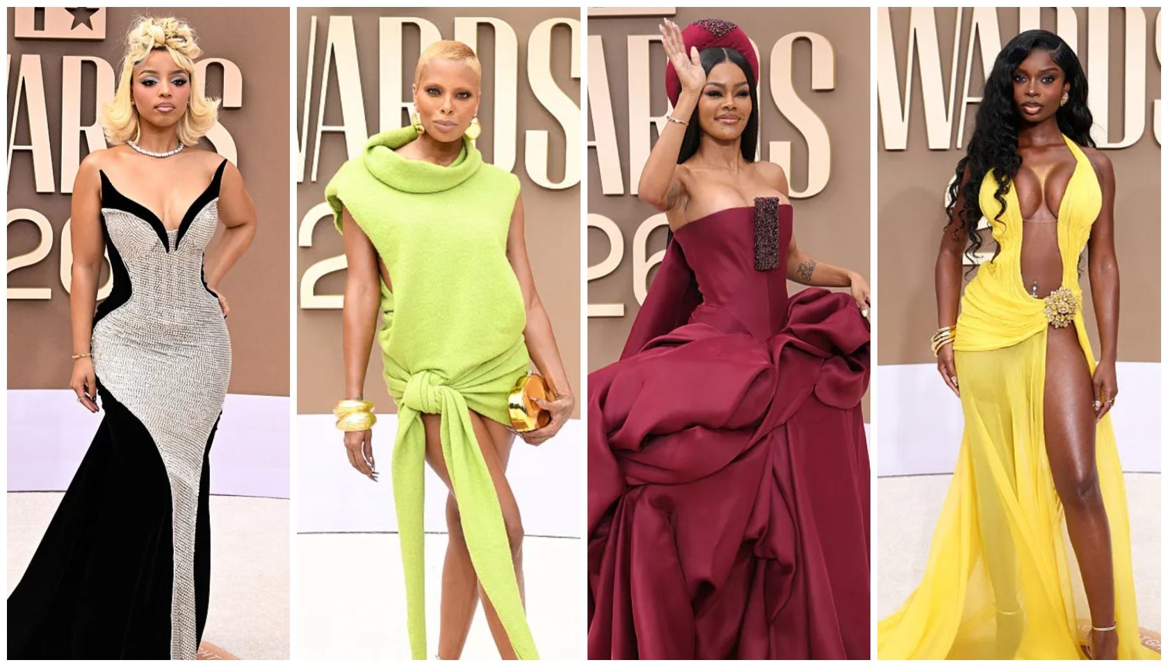 A collage of four fashion images featuring women in glamorous evening gowns and dresses in vibrant colors including red, yellow, and neon green.