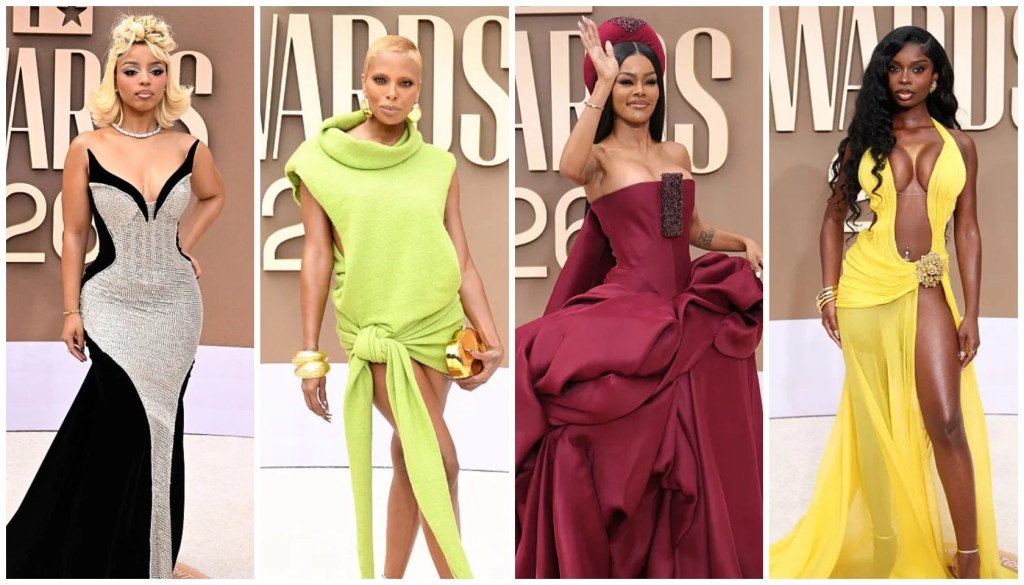 A collage of four fashion images featuring women in glamorous evening gowns and dresses in vibrant colors including red, yellow, and neon green.