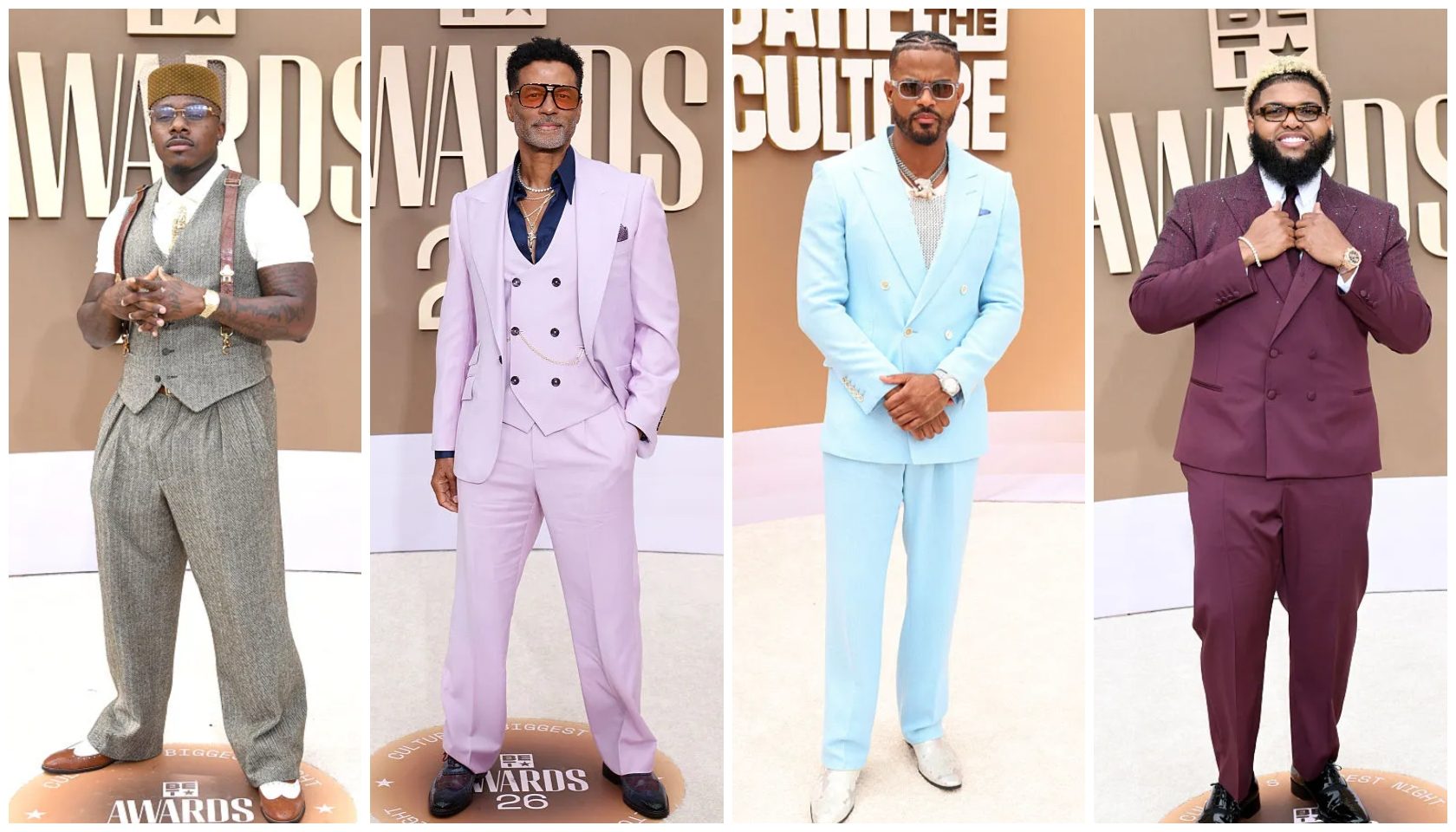 Four men wearing stylish suits posing at an awards show, with text reading "The Wardrobes", "The Culture", and "The Awards" visible.