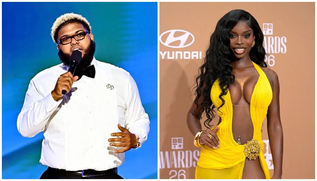 Druski on stage at the 2026 bet awards side by side with Olandria Carthen