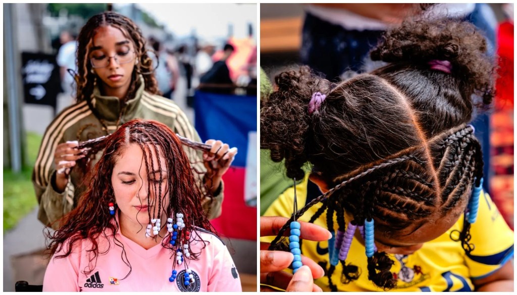 A person braiding another person's hair, with the braided hair adorned with colorful beads. The second image shows a person's hair styled in intricate braids and twists.
