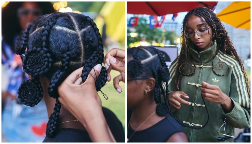 Two images showing a person with braided hairstyles and another person wearing a green jacket with Adidas branding.