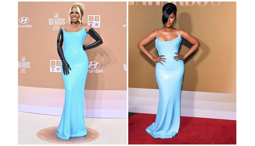 Two images of a woman wearing a light blue dress posing on a red carpet at an awards show event.