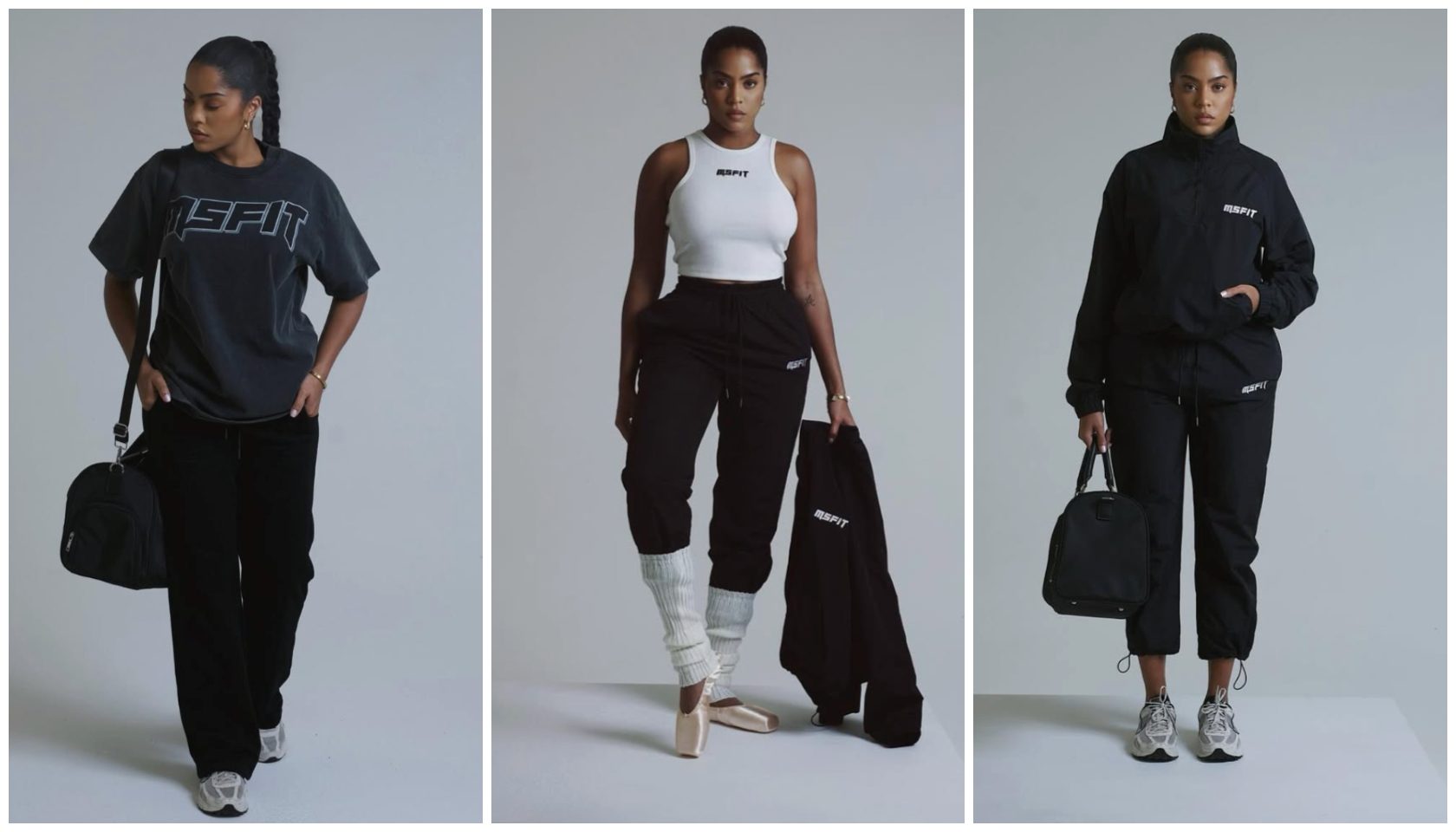 Three images of a woman wearing black and white athletic clothing with the "SPORT" logo. The woman is posing in different athletic poses.
