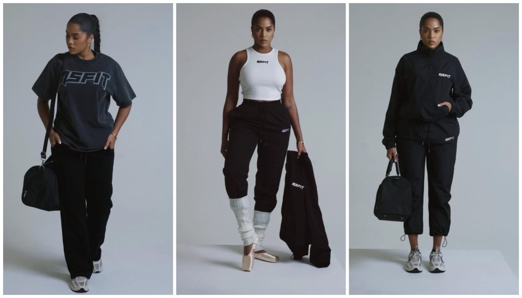Three images of a woman wearing black and white athletic clothing with the "SPORT" logo. The woman is posing in different athletic poses.