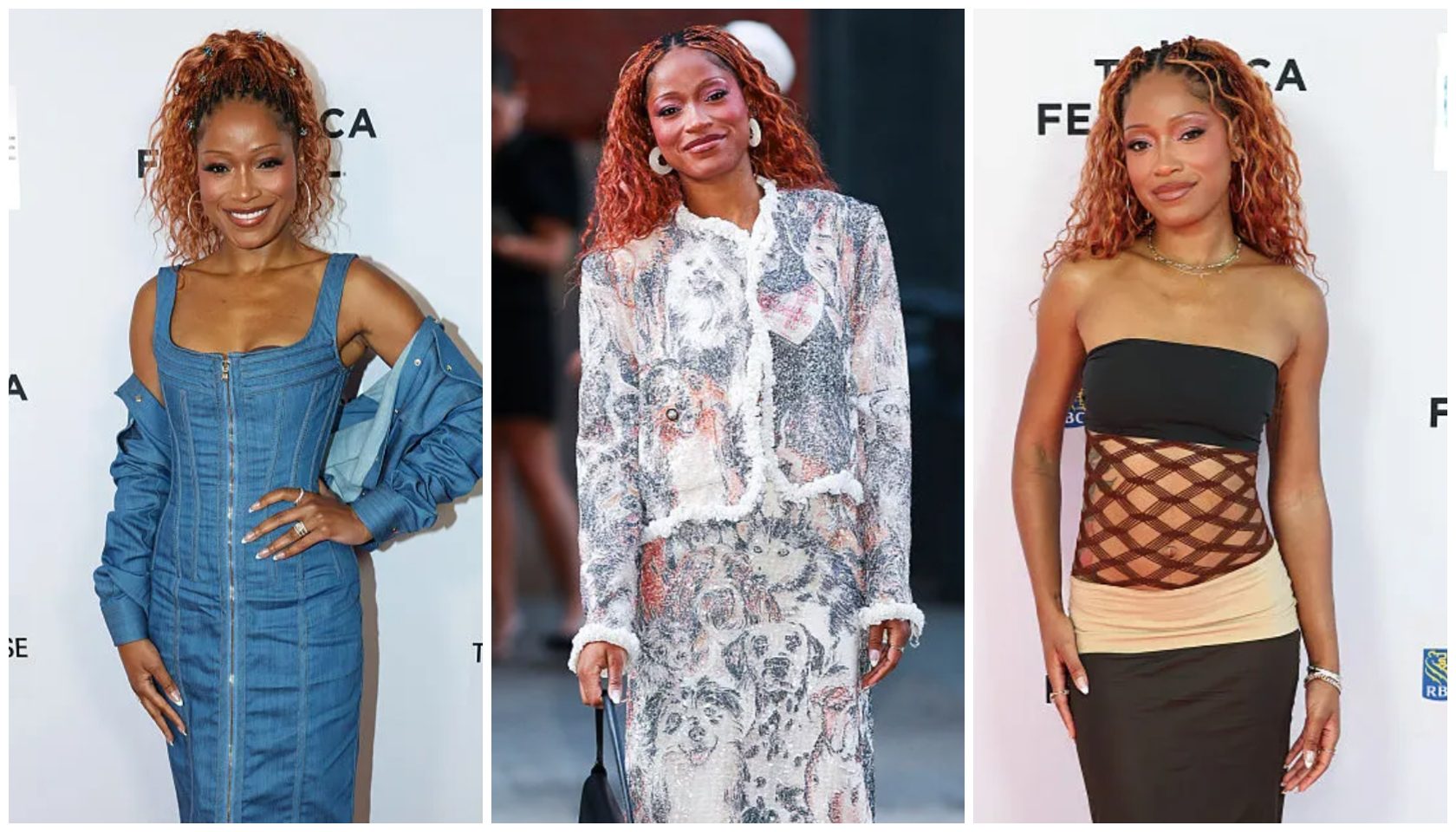 Three images of a woman with curly red hair wearing different outfits at a film festival event.