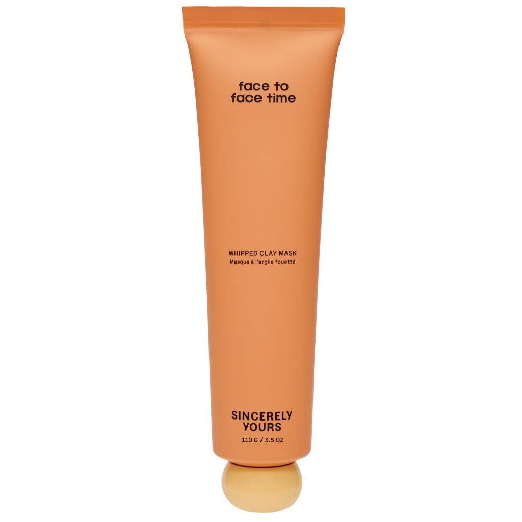 A tube of orange face mask labeled "face to face time" and "Sincerely yours".