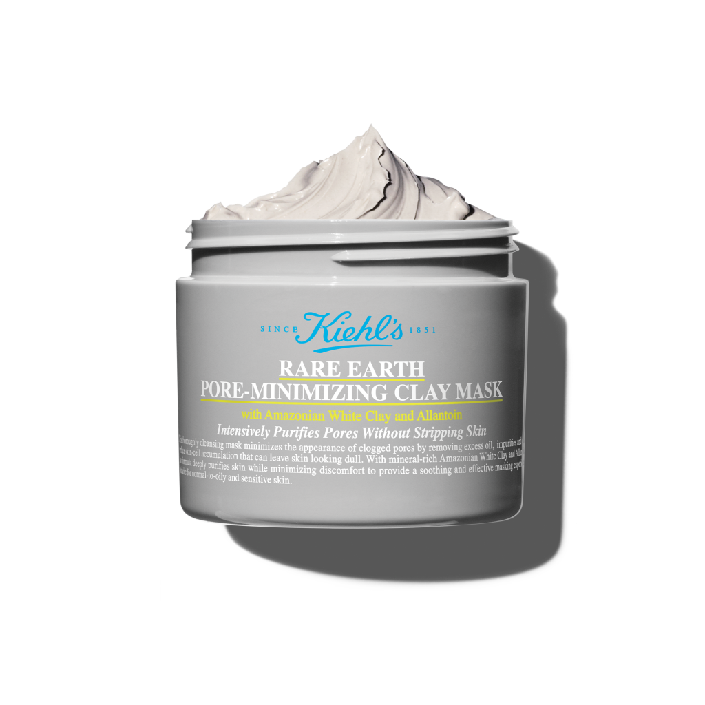 A jar of Kiehl's Rare Earth Pore-Minimizing Clay Mask with Amazonian White Clay and Allantoin, which purifies pores without stripping skin.