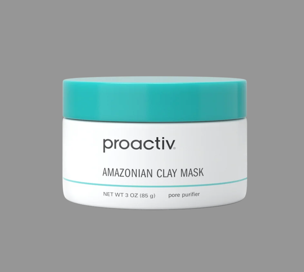 A white jar with a teal lid labeled "proactiv Amazonian Clay Mask" on a gray background.