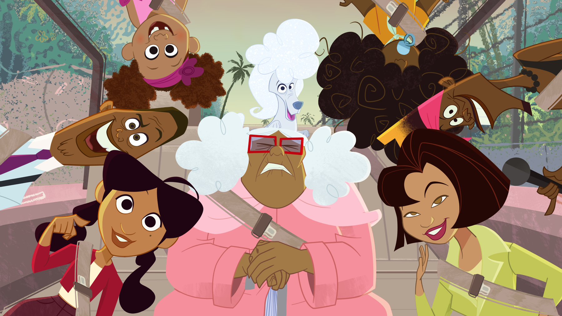 Animated characters from the Disney series "The Proud Family" in a colorful, whimsical scene. Includes Penny, Oscar, CeCe, Suga Mama, Puff, Bebe, Bobby, and Trudy.