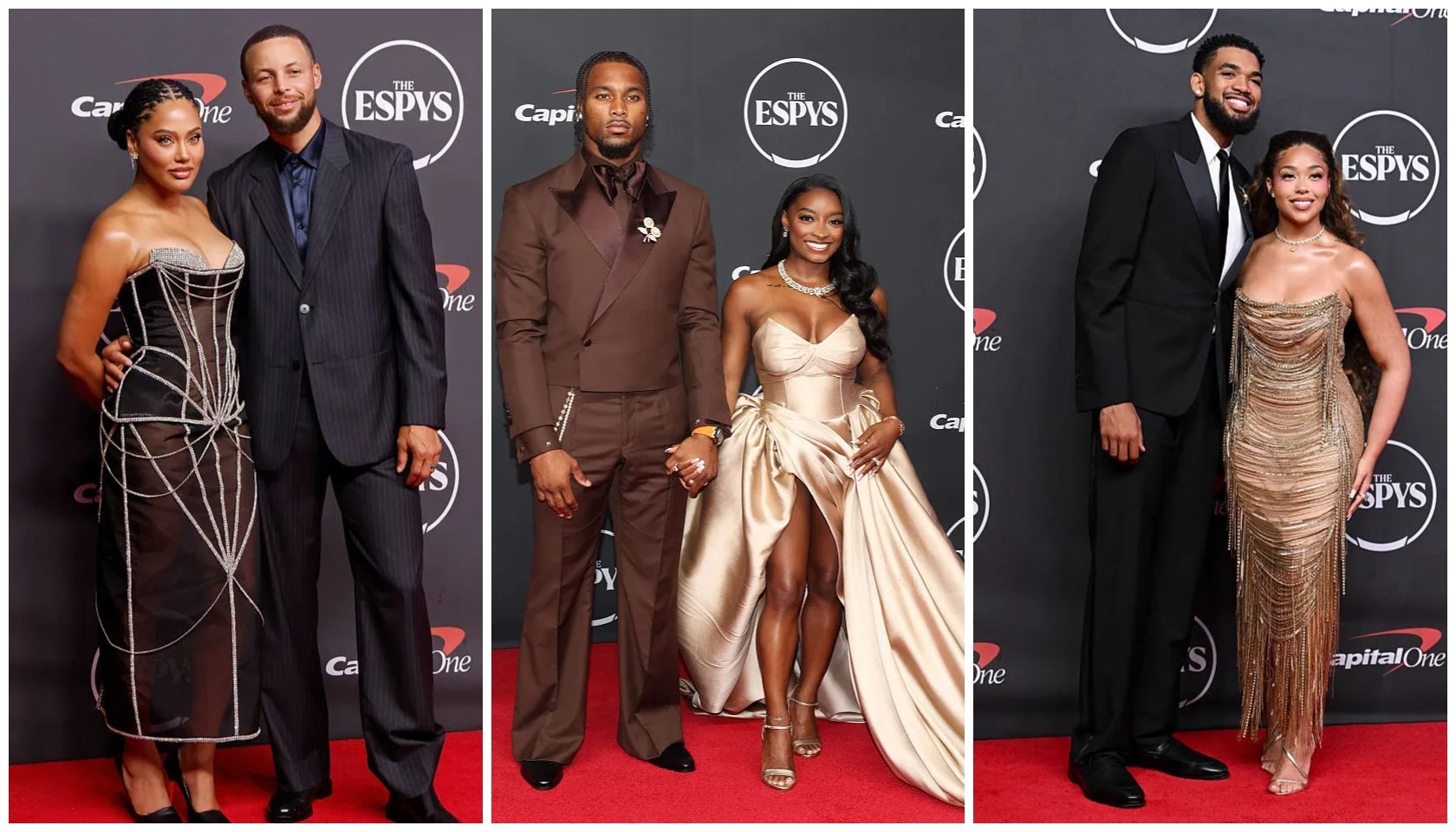 A collage of three red carpet photos from The ESPYS awards show. The images show several celebrities dressed in formal attire posing on the red carpet, including a couple, a group of three, and a couple.