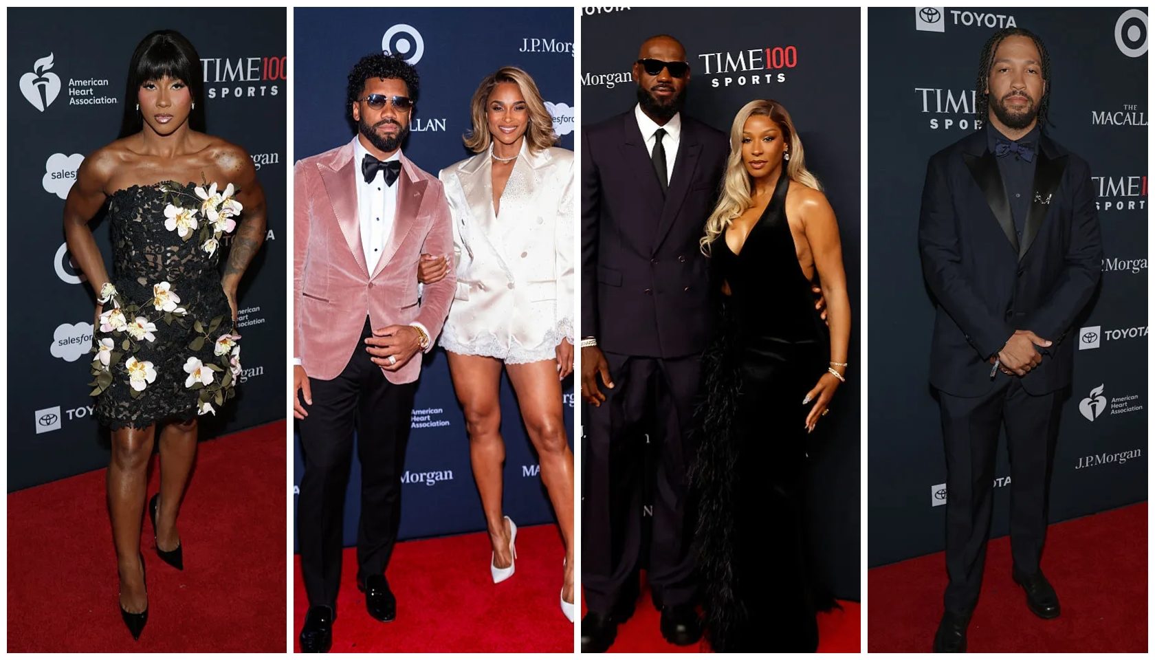 A collage of four red carpet photos showing celebrities in formal attire at the TIME100 Sports event, including a woman in a floral dress, a couple in coordinating pink and white outfits, and a couple in black formal wear.