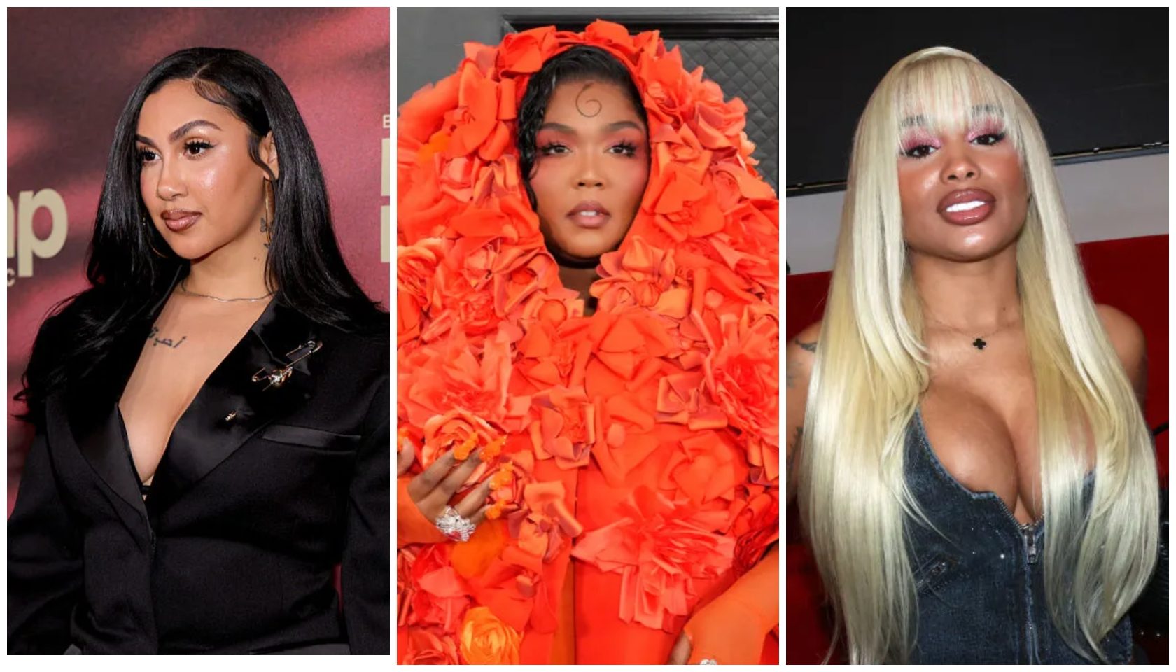 Three women in glamorous outfits: a woman in a black jacket, a woman in an orange ruffled dress, and a woman with long blonde hair.
