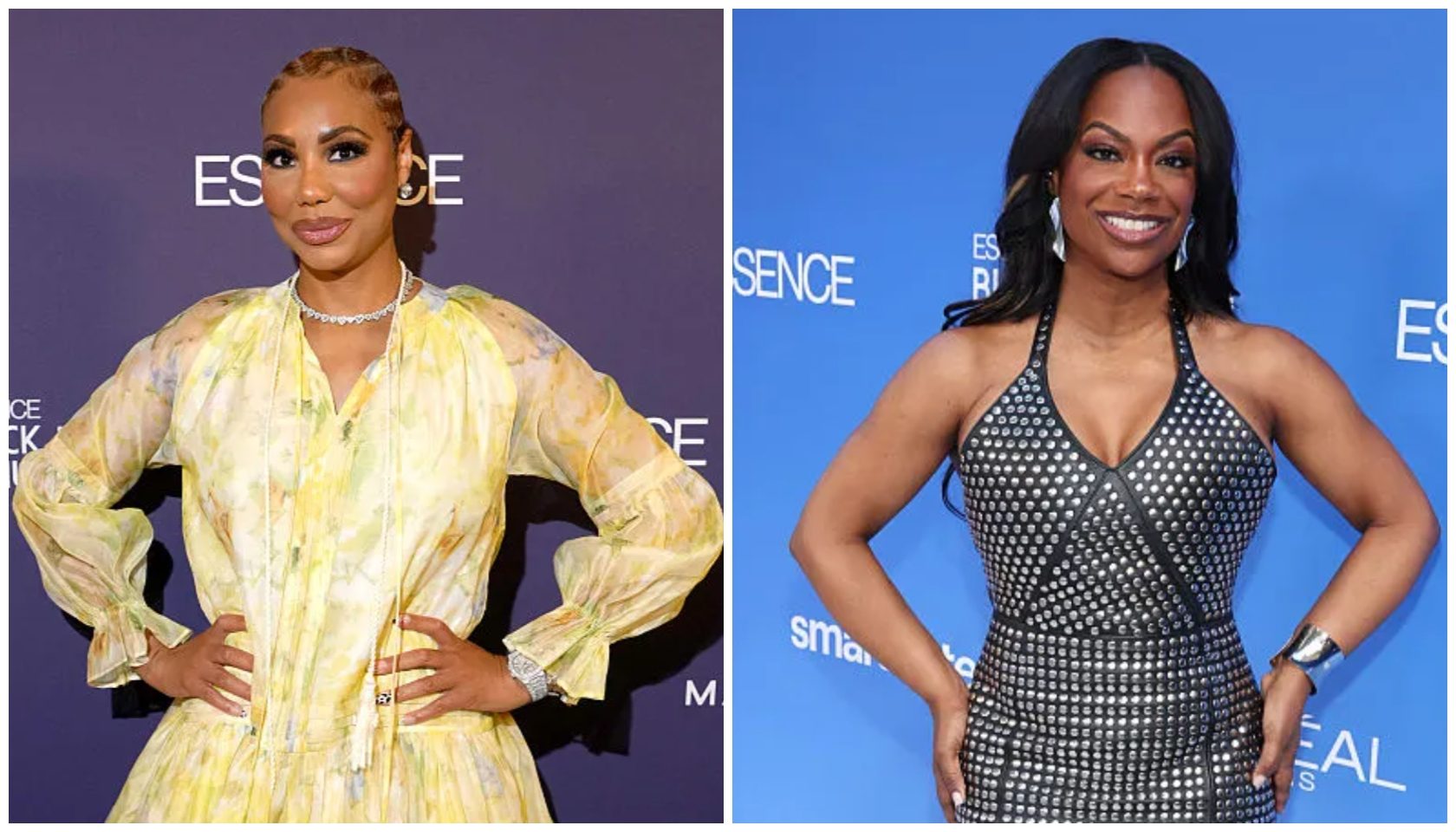 Two women posing on a red carpet, one in a yellow ruffled dress and the other in a black and white polka dot dress.