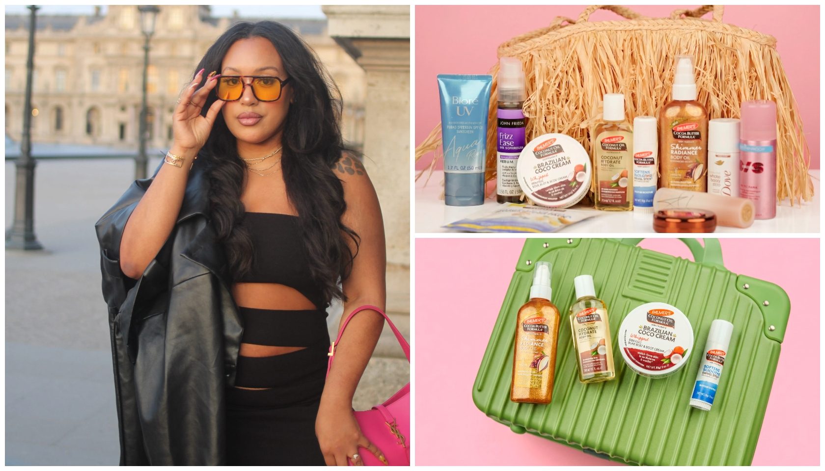 Morgan Owens woman wearing sunglasses and a black outfit stands in front of a building. A collage of beauty products including lotions, creams, and sprays is displayed on a pink and green background.
