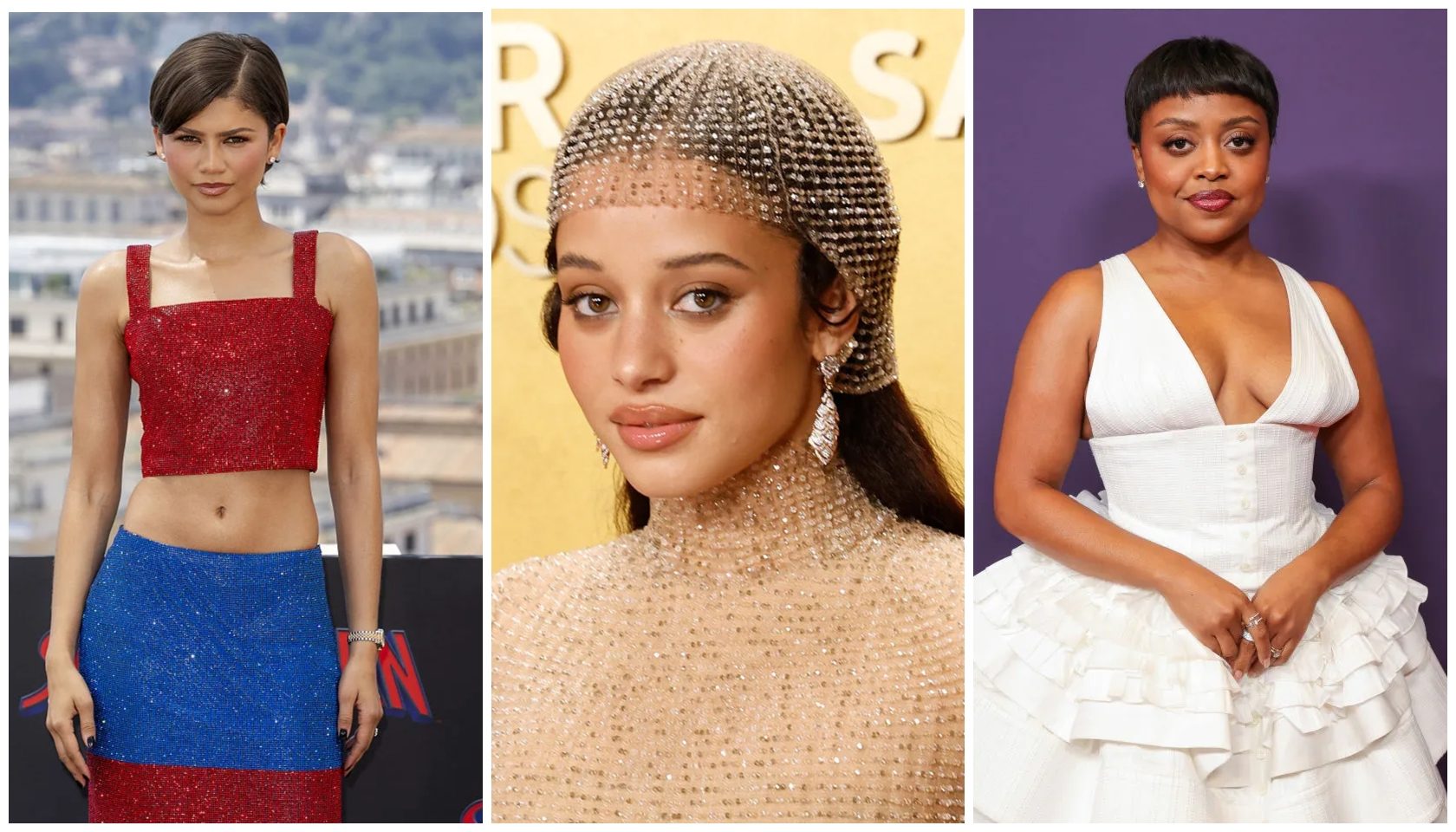 Three images of women in glamorous outfits: a woman in a red sequined crop top and blue skirt, a woman in a gold beaded dress, and a woman in a white ruffled dress.