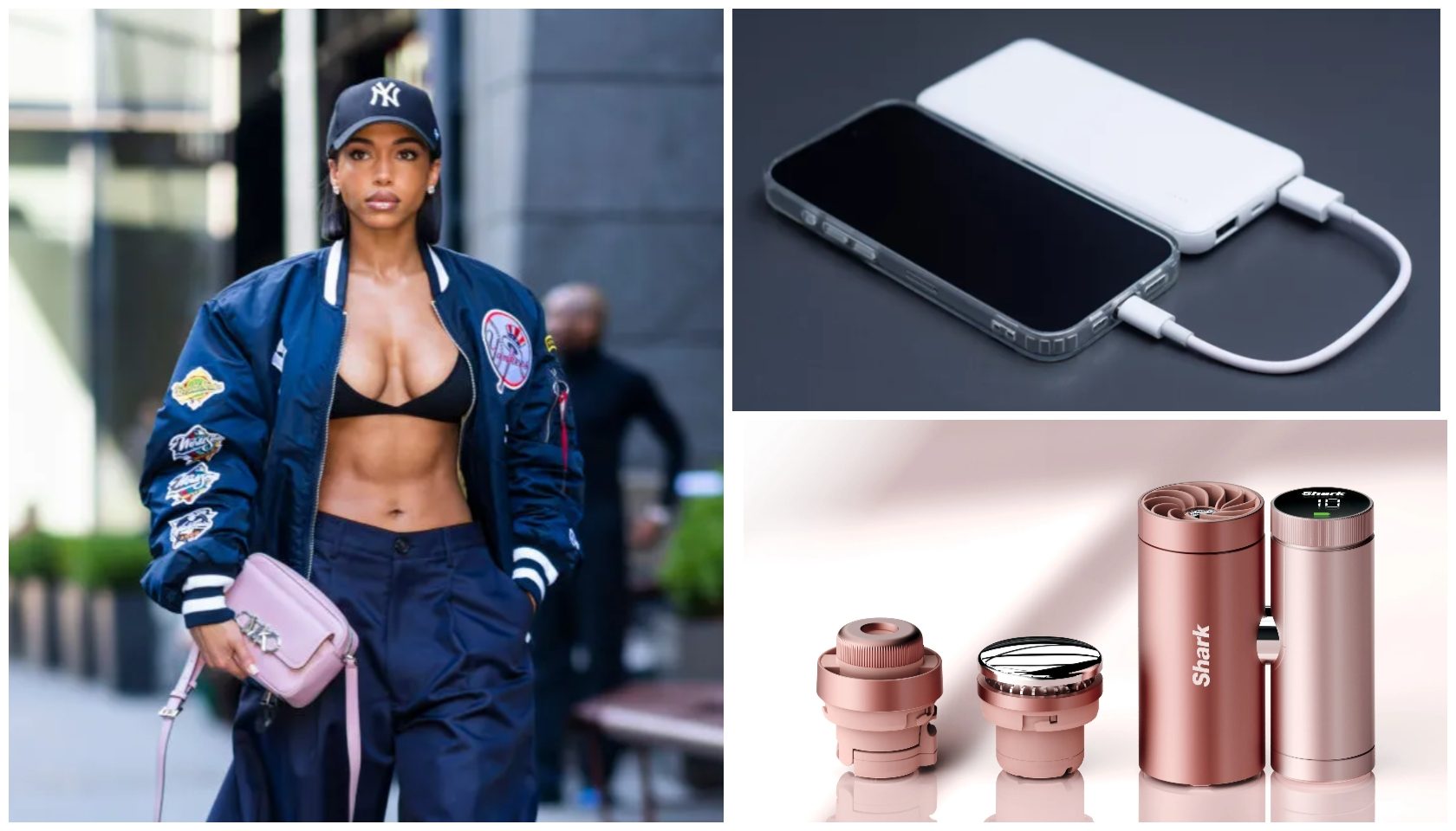 A woman wearing a Yankees cap and sports bra, holding a pink purse, standing in front of a building. A smartphone charging on a white surface. Two rose gold Shark brand hair styling tools.