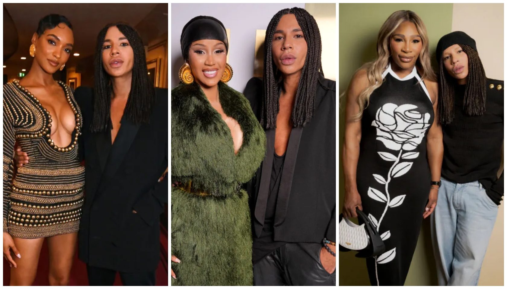 Four women posing together in stylish outfits, including a green furry coat, braided hairstyles, and a floral print jumpsuit.
