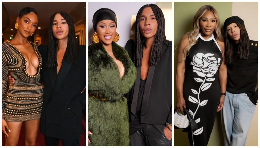 Four women posing together in stylish outfits, including a green furry coat, braided hairstyles, and a floral print jumpsuit.