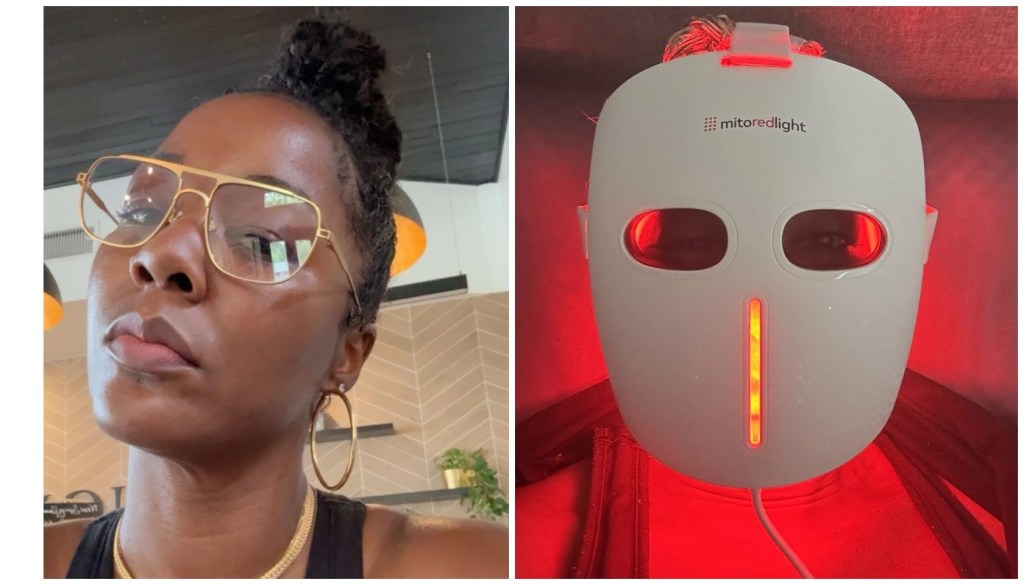 samjah saulsberry wearing red light mask